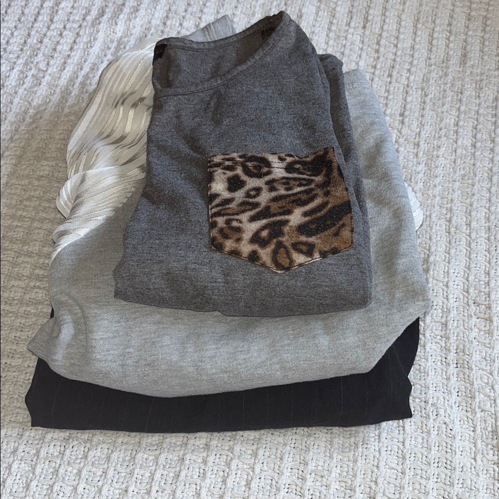 Not so mystery 3pc outfit bundl grey ,white & black w/ pinstripe black pants m/L